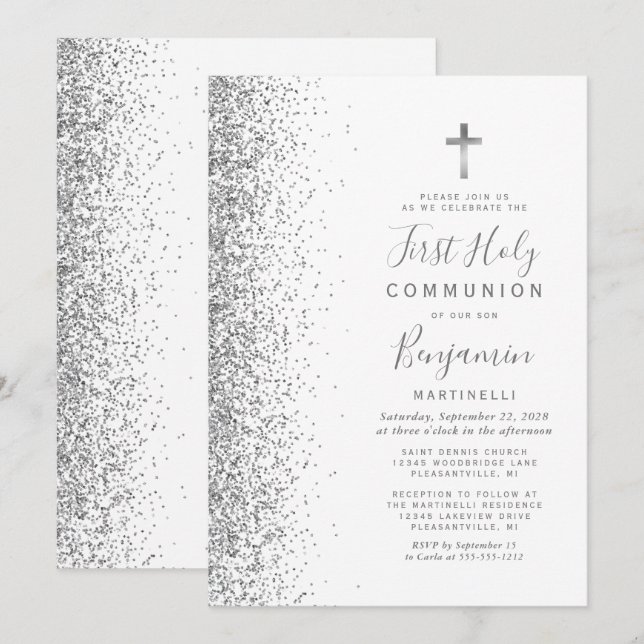 Silver Glitter Edge White First Holy Communion Invitation (Front/Back)