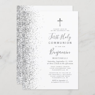 Silver Glitter Edge White First Holy Communion Invitation