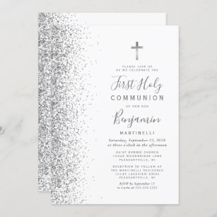 Silver Glitter Edge White First Holy Communion Invitation