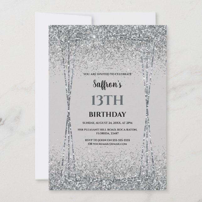 Silver Glitter Effect Birthday Party Invitation (Front)