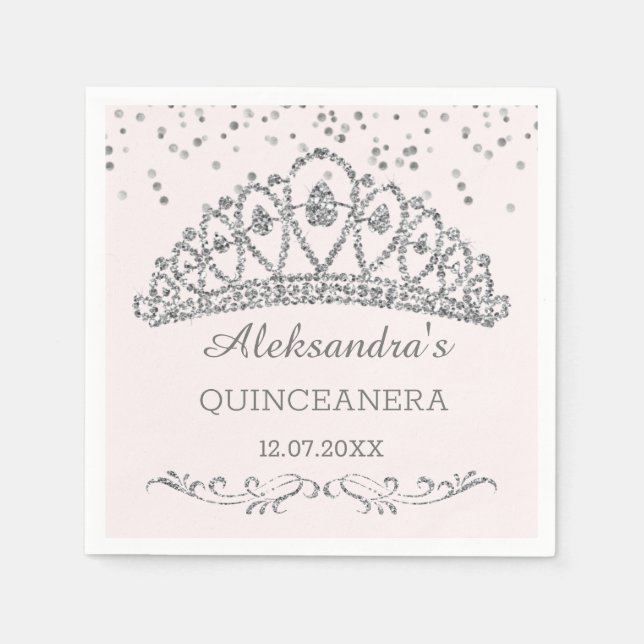 Silver glitter effect tiara, confetti Quinceanera Napkin (Front)