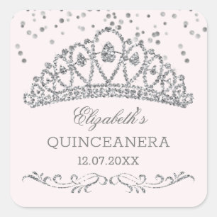 Silver glitter effect tiara, confetti Quinceanera Square Sticker