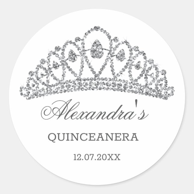 Silver glitter effect tiara Quinceanera Classic Round Sticker (Front)