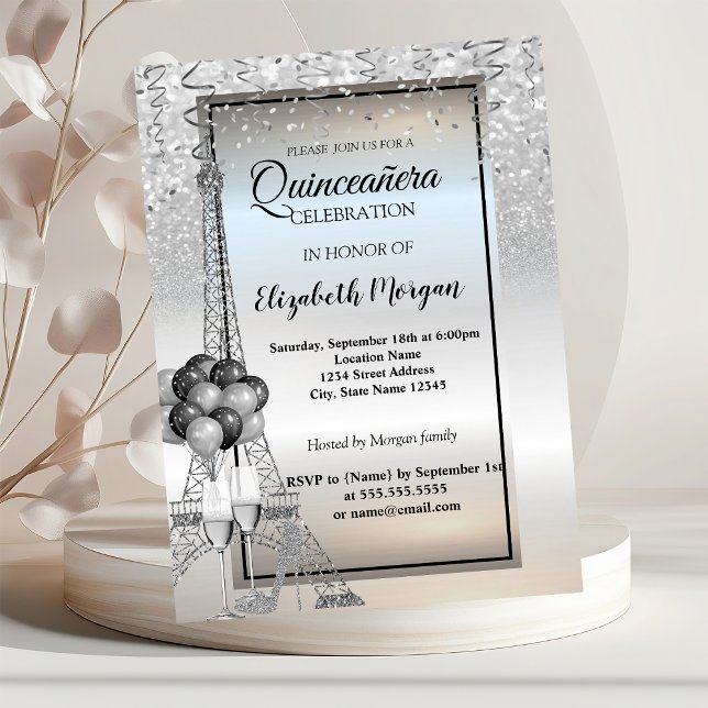 Silver Glitter Eiffel Tower,Balloons Quinceañera Invitation (Creator Uploaded)