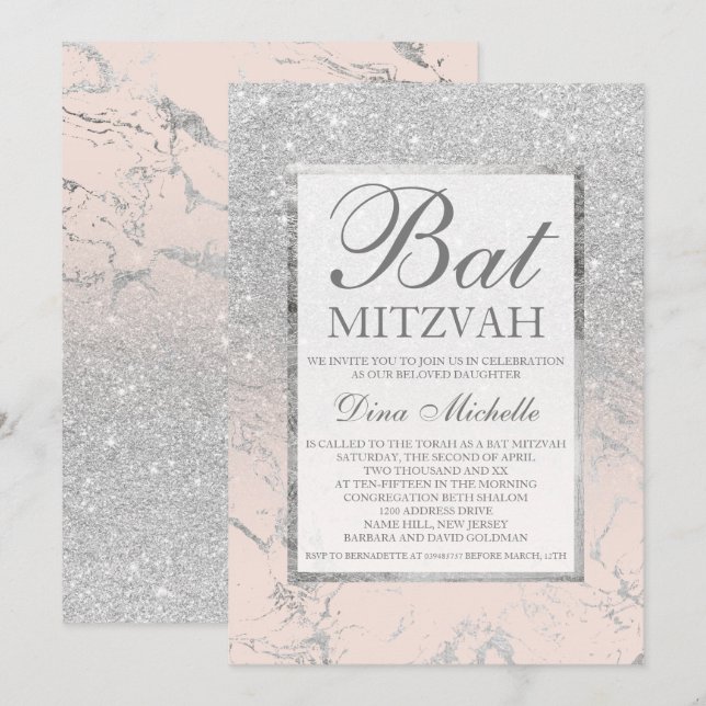 SIlver glitter elegant blush marble Bat Mitzvah Invitation (Front/Back)