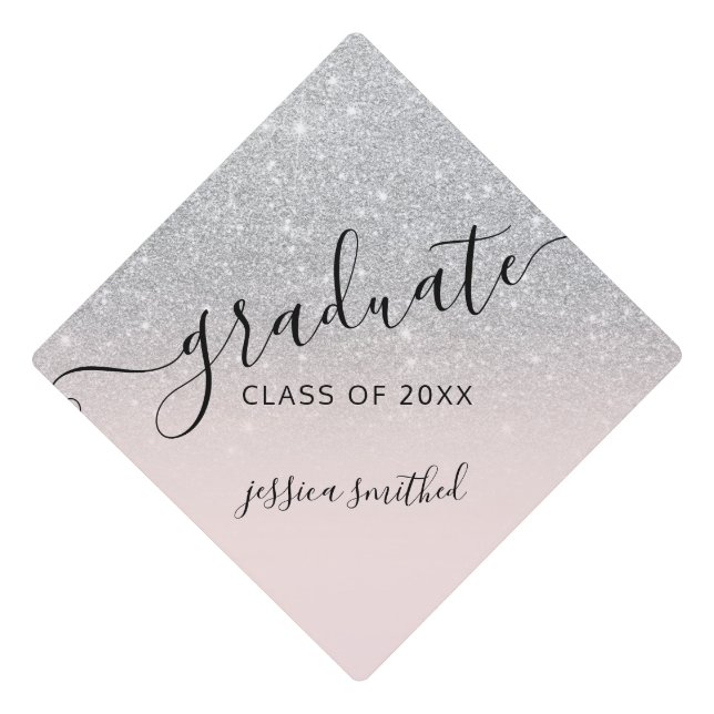 Silver glitter elegant chic typography graduate graduation cap topper (Front)