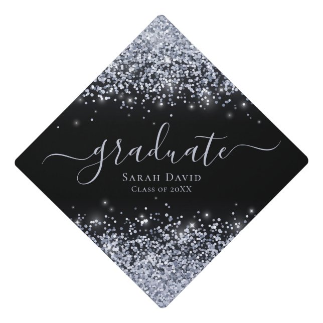 Silver Glitter Elegant Chic Typography  Graduation Cap Topper (Front)