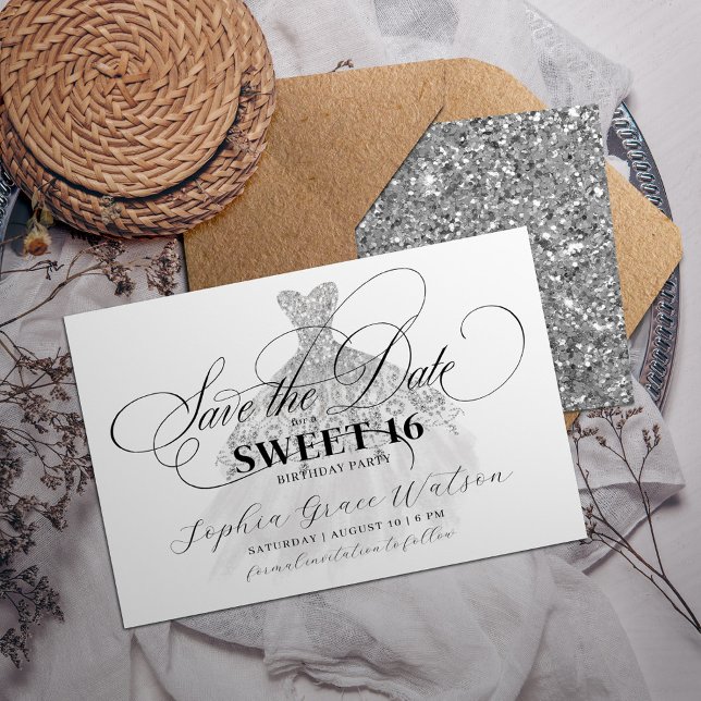Silver Glitter Elegant Dress Sweet 16 Birthday Save The Date (Creator Uploaded)