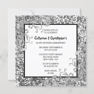 Silver glitter elegant floral swirl PHOTO chic Invitation