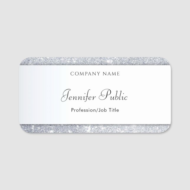 Silver Glitter Elegant Handwritten Name Script Tag (Front)
