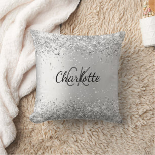 Silver glitter elegant monogram name throw pillow