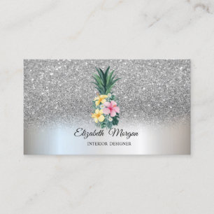 Silver Glitter Elegant Pineapple Tropical Flowers Business Card
