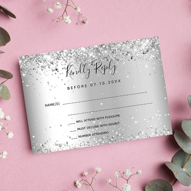 Silver glitter elegant wedding RSVP Card (Creator Uploaded)
