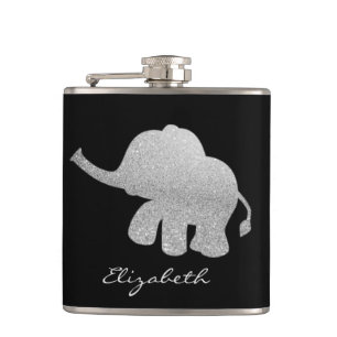 Silver Glitter Elephant, Black - Personalized Hip Flask