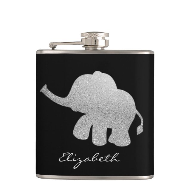 Silver Glitter Elephant, Black - Personalized Hip Flask (Front)