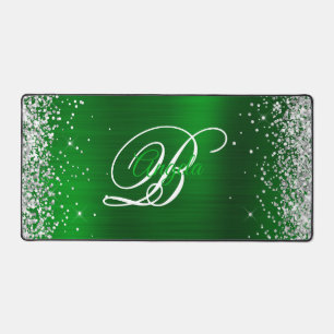 Silver Glitter Emerald Green Fancy Monogram Desk Mat