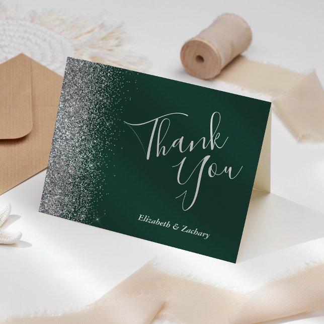 Silver Glitter Emerald Green Wedding Thank You Card (Creator Uploaded)