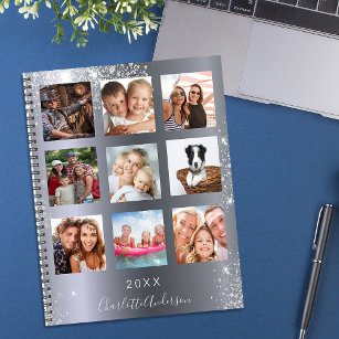 Silver glitter family photo collage monogram 2022 planner