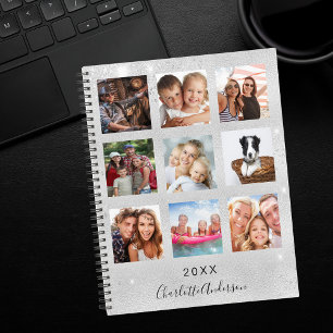 Silver glitter family photo collage monogram 2026 planner