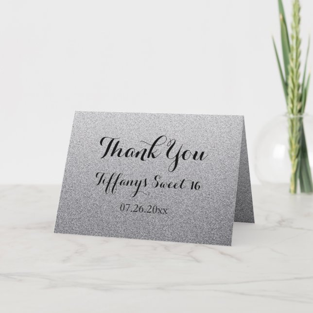 Silver Glitter Faux Ombre Sweet 16 Thank You Card (Front)