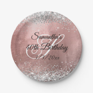 Silver Glitter Faux Rose Gold Foil 40th Birthday Paper Plate