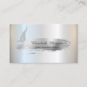 Silver Glitter Feather Silver Brush Stroke Notary Business Card
