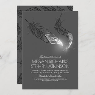 Silver Glitter Feathers Elegant Modern Wedding Invitation