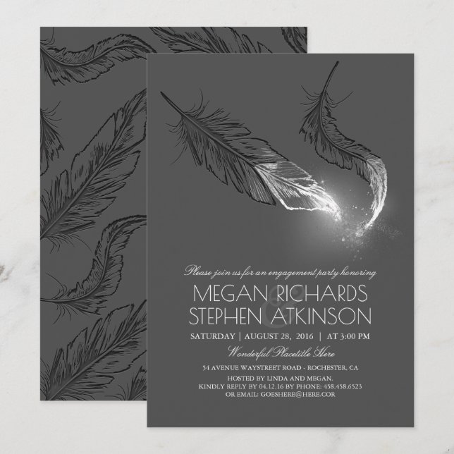 Silver Glitter Feathers Engagement Party Invitation (Front/Back)