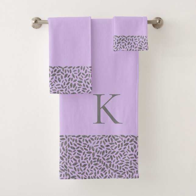  Silver Glitter Feathers on Lavender Monogram Bath Towel Set (Insitu)