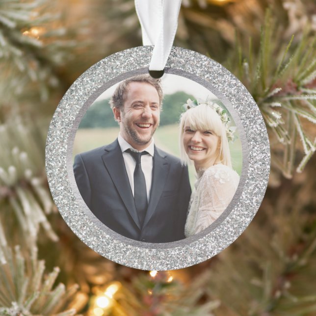 Silver & Glitter First Married Christmas Photo Ornament (Tree)