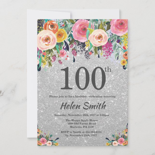 Silver Glitter Floral 100th Birthday Invitation (Front)