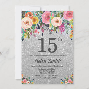 Silver Glitter Floral 15th Birthday Invitation
