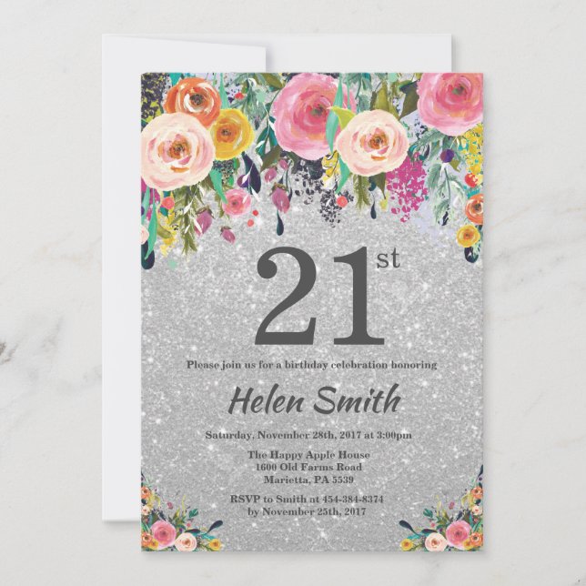 Silver Glitter Floral 21st Birthday Invitation (Front)