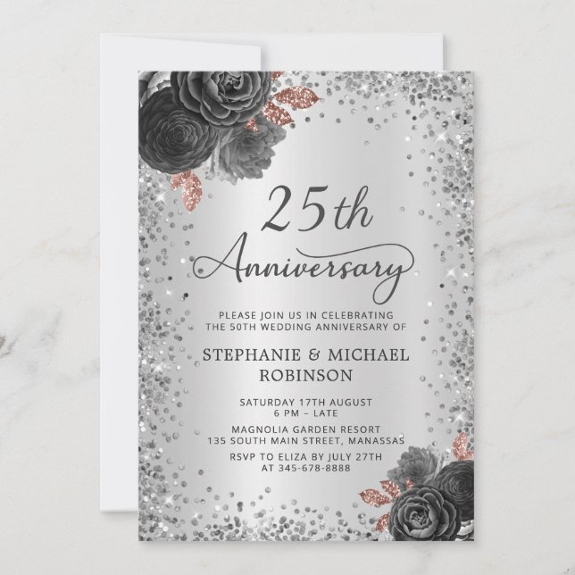 Silver Glitter Floral 25th Wedding Anniversary Invitation (Front)
