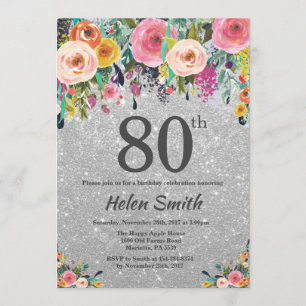 Silver Glitter Floral 80th Birthday Invitation
