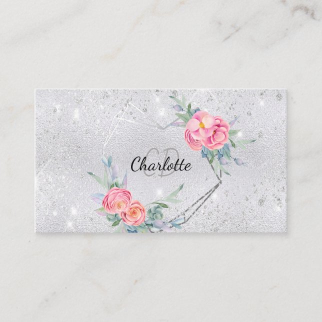 Silver glitter floral makeup hair beauty  business card (Front)