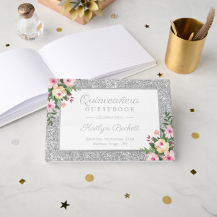 Silver Glitter Floral Quinceañera 15th Birthday Guest Book