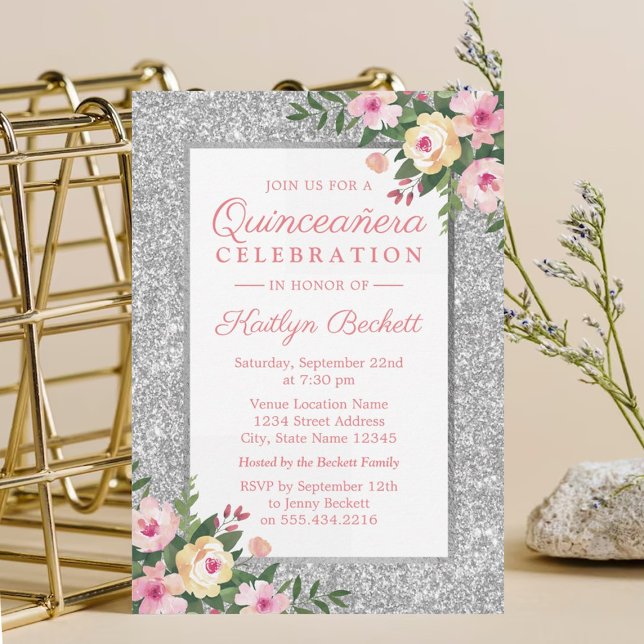 Silver Glitter Floral Quinceañera 15th Birthday Invitation (Creator Uploaded)