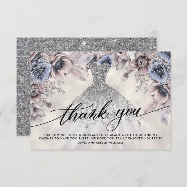Silver Glitter Floral Quinceañera Thank You (Front/Back)