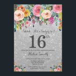 Silver Glitter Floral Surprise 16th Birthday Invitation<br><div class="desc">Silver Glitter Floral Surprise 16th Birthday Invitation for Girl. Watercolor Floral Flower. Silver Glitter Background. Pink, Yellow, Orange, Purple Flower. Adult Birthday. 13th 15th 16th 18th 20th 21st 30th 40th 50th 60th 70th 80th 90th 100th, Any Ages. For further customization, please click the "Customize it" button and use our design...</div>