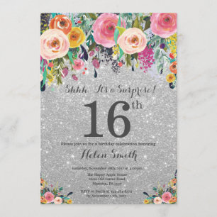 Silver Glitter Floral Surprise 16th Birthday Invitation