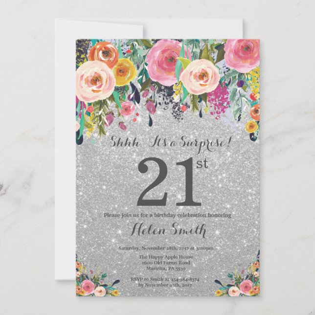 Silver Glitter Floral Surprise 21st Birthday Invitation (Front)