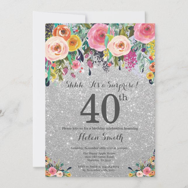 Silver Glitter Floral Surprise 40th Birthday Invitation (Front)