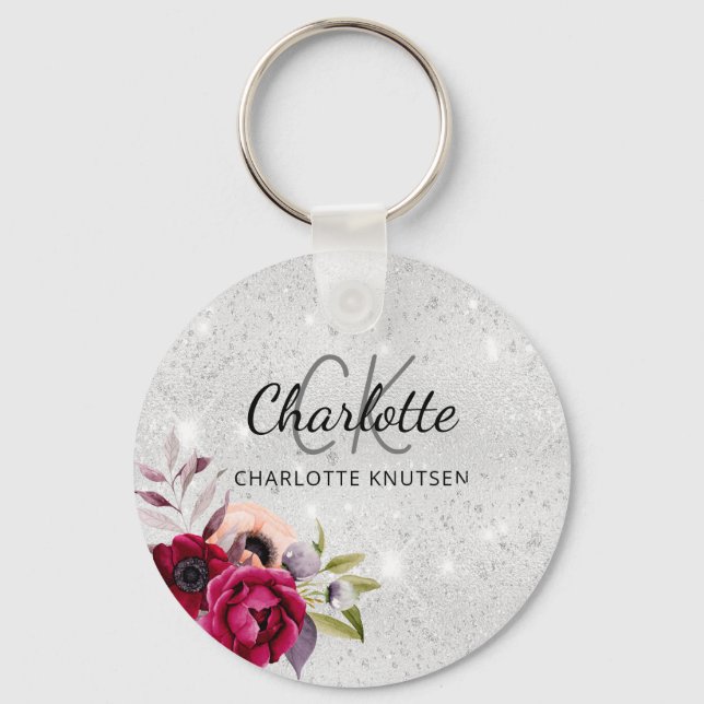 Silver glitter flowers burgundy monogram keychain (Front)