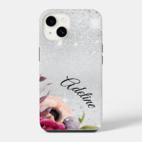 Silver glitter flowers burgundy name