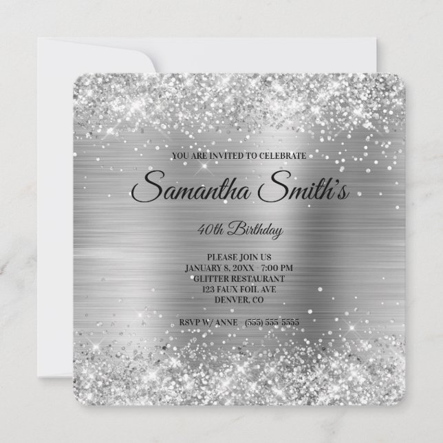 Silver Glitter Foil 40th Birthday Fancy Monogram Invitation (Front)