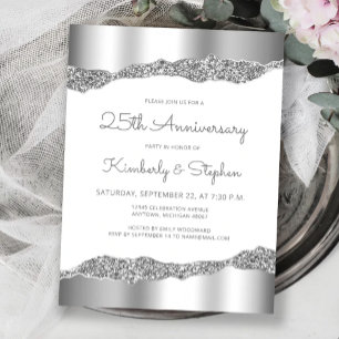 Silver Glitter Foil Edge 25th Anniversary Invite Postcard