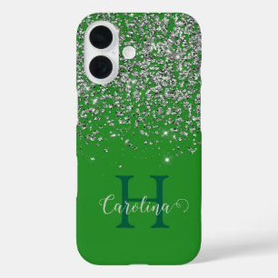 Silver Glitter, Forest Green, Personalized. iPhone 16 Case