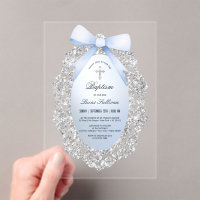 Silver Glitter Frame Blue Bow Baptism