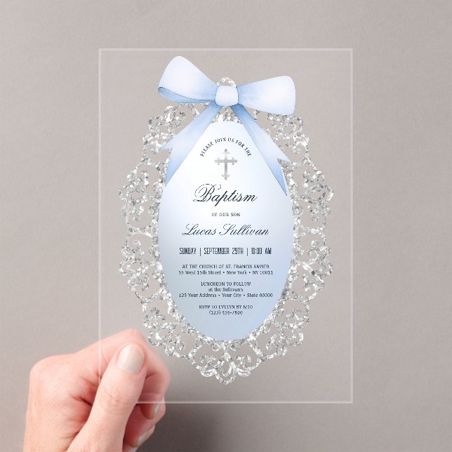 Silver Glitter Frame Blue Bow Baptism Acrylic Invitations (Insitu (Handheld))
